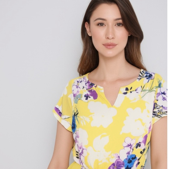 CHRISTOPHER & BANKS Dress Yellow Violet Floral Short Sleeve Knee Length Sz Small - Picture 2 of 15